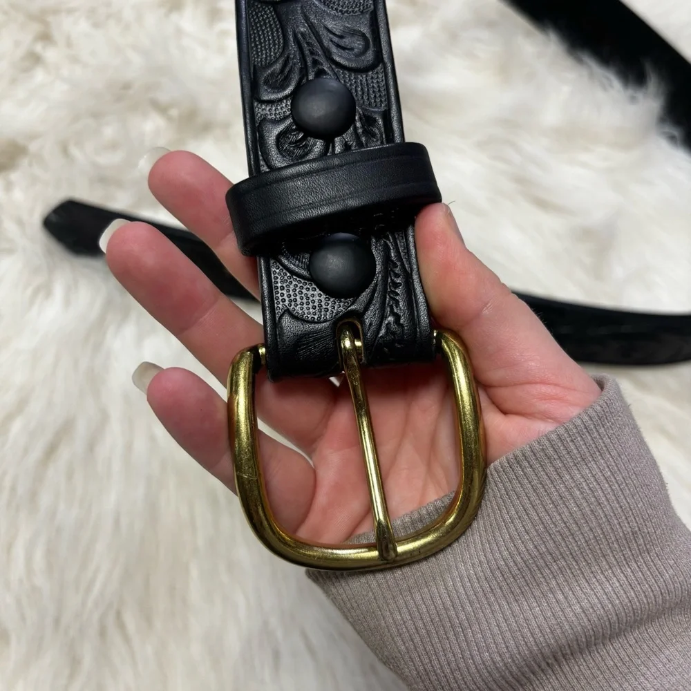 Boston Leather Black Paisley Embossed Leather Belt w/ Solid Brass Buckle size 34